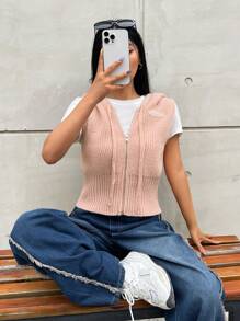 SHEIN EZwear 拉鍊連帽毛衣背心（無T恤） - 藕粉色 - 查看 1