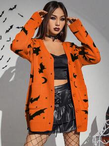 PUNK Cárdigan Halloween con patrón de murciélago de hombros caídos con botón delantero - Naranja - Ver 3