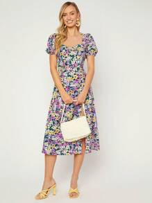 SHEIN VCAY 滿版印花泡泡袖高衩洋裝 - 彩色 - 查看 5