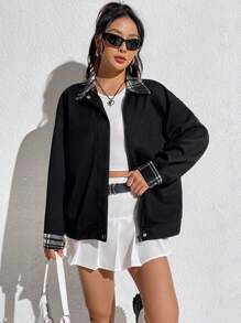 Flirla Plaid Print Drop Shoulder Zip Up Drop Shoulder 2 In 1 Coat - Black - View 3