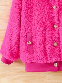 SHEIN Young Girl 1pc Button Detail Teddy Bomber Jacket - Hot Pink - View 6