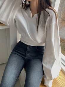 DAZY 纯色主教袖短款套头衫、长袖上衣、秋装运动衫 - 白色 - 查看 7