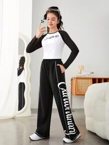 SHEIN 青少年女孩字母圖案插肩袖T恤和褲子