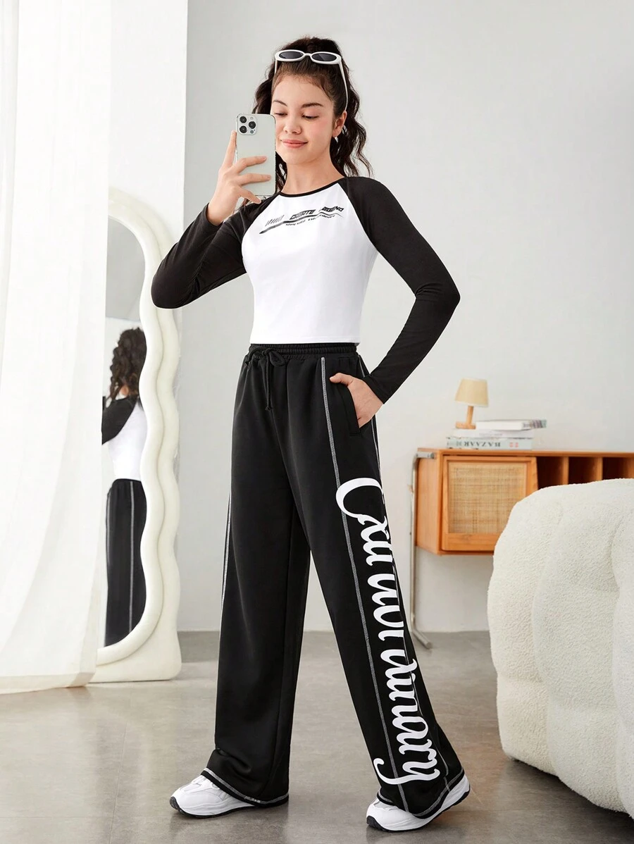 SHEIN 青少年女孩字母圖案插肩袖T恤和褲子