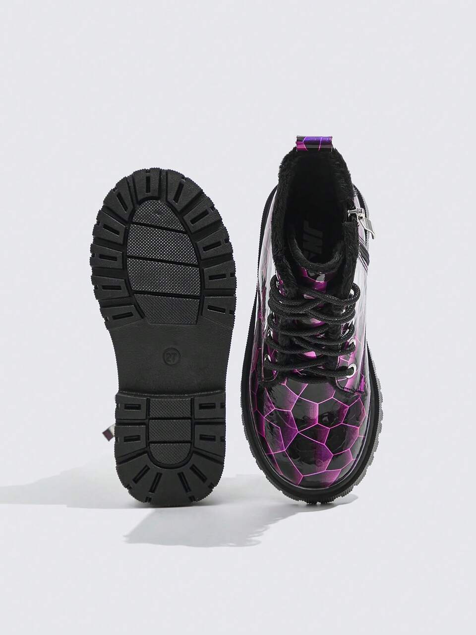 Fashionable Cool Street Style Warm Thermal Lined Girls' Boots Purple With Black Pattern Flat Ankle Boots