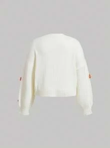 SHEIN MOD Talla grande Cárdigan con bordado floral aplique de hombros caídos tejido de cable - Albaricoque - Ver 2