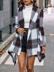 SHEIN LUNE Plaid Print Asymmetrical Hem Belted Overcoat - Multicolor - View 4