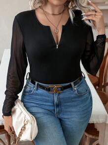 Celure 大碼撞色網眼袖半拉鍊T恤 - 黑色 - 查看 1