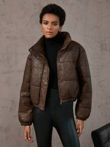 Aveloria Abrigo acolchado con cuello alto vintage, ropa de invierno de moda - Café integral - Ver 1