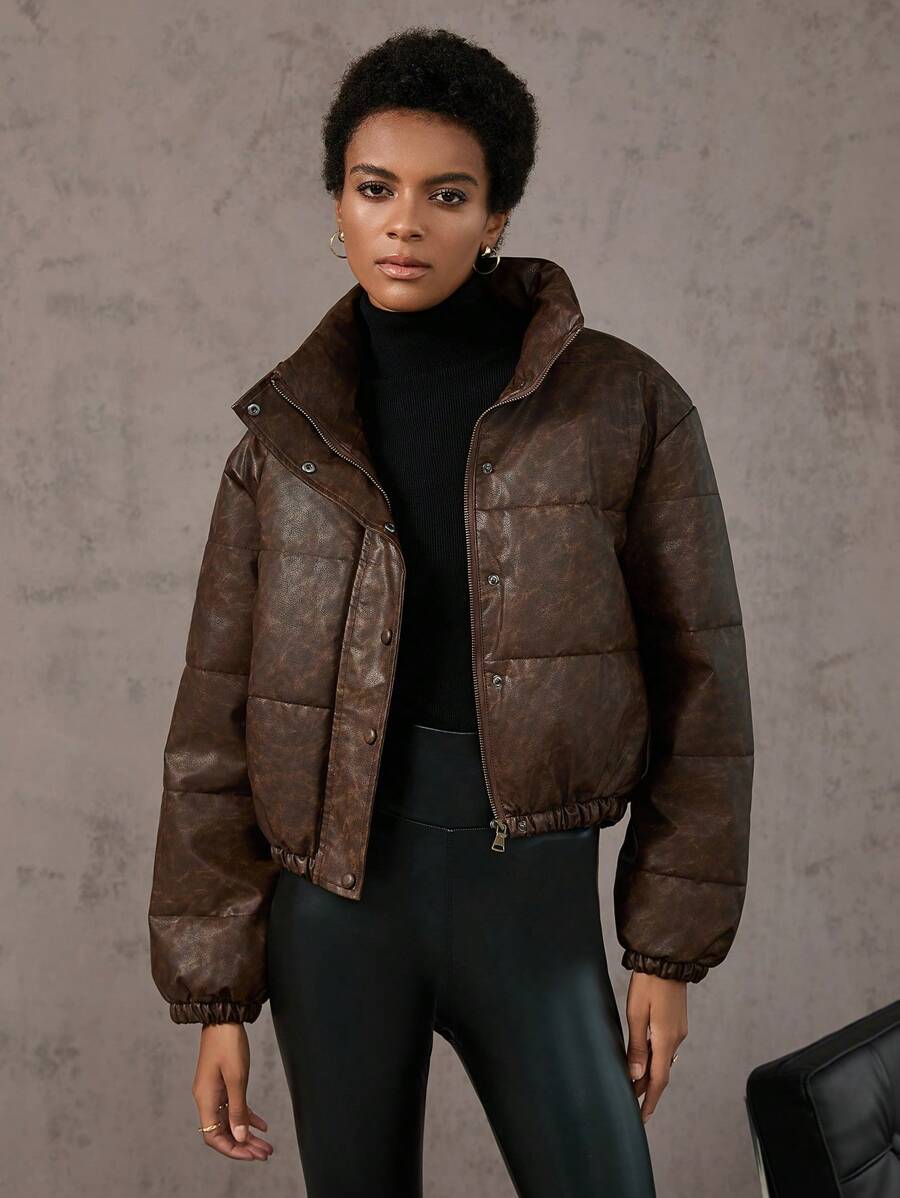 Aveloria Abrigo acolchado con cuello alto vintage, ropa de invierno de moda - Café integral - Ver 1