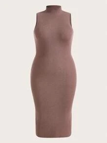 SHEIN BASICS Plus Mock Neck Split Thigh Sweater Dress - Khaki - View 8