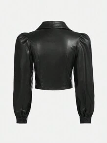 Thiếu niên cô gái Tay áo lồng đèn chất liệu da PU Áo sơ mi - màu đen - Xem 2