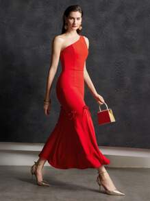MOTF PREMIUM 單肩蝴蝶結細節洋裝 - 紅色 - 查看 2