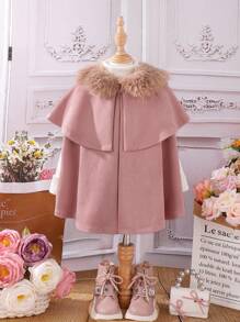 SHEIN Young Girl Fuzzy Trim Cape Coat - Pink - View 1