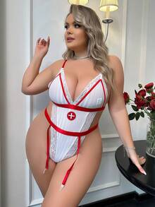 大碼蕾絲拼接吊帶襪鋼圈吊帶襪丁字褲護士服緊身連衣褲 - 紅白色 - 查看 5