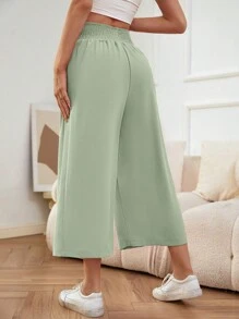 SHEIN LUNE Shirred Waist Wide Leg Capri Pants - Green - View 2