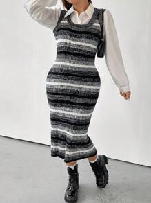 Flirla Plus Striped Pattern Sweater Dress Without Blouse - Multicolor - View 1
