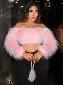 SHEIN SXY Off Shoulder 	
Fuzzy áo - Màu be - Xem 5