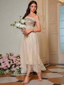 SHEIN Belle Off Shoulder Contrast Sequin Mesh Bridesmaid Dress, Semi Formal Dress