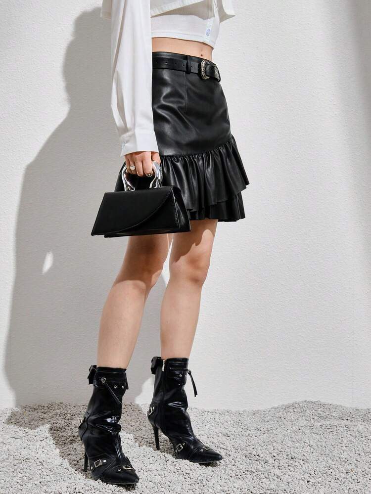 Ruffle Hem Leather Look Skirt