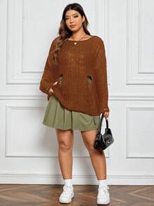 SHEIN EZwear Plus Ripped Drop Shoulder Sweater - Brown - View 5