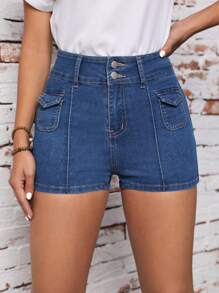 SHEIN Essnce 有蓋口袋牛仔短褲 - 中等水洗藍 - 查看 4