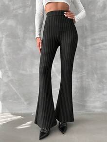 SHEIN Striped Print Flare Leg Pants - Black - View 5