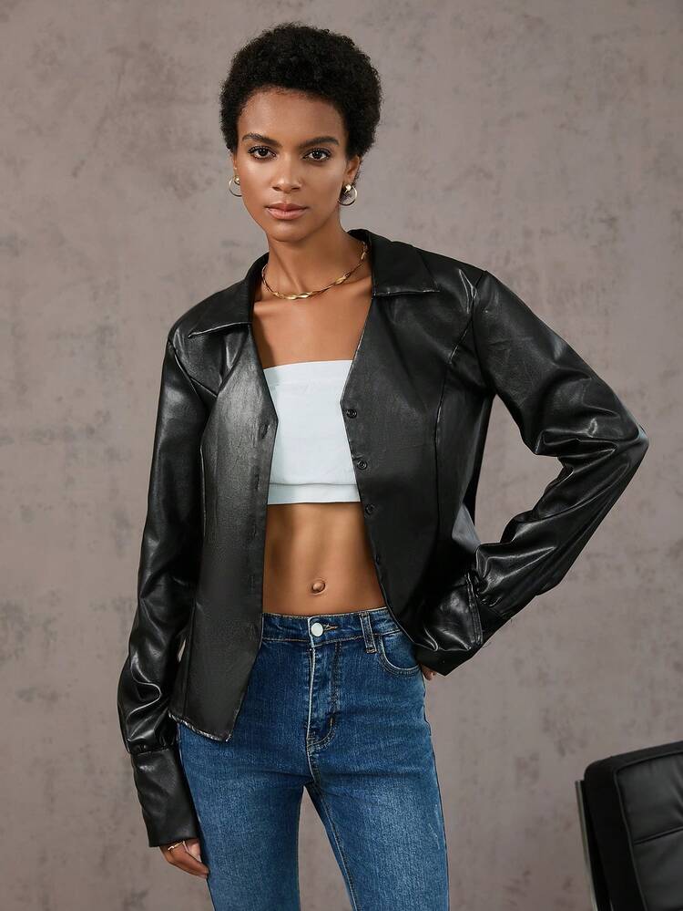 Solid PU Leather Button Front Shirt Fall Cloth For Women