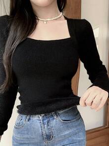 DAZY Cổ vuông Đồ đan Ribbed Áo len - màu đen - Xem 7