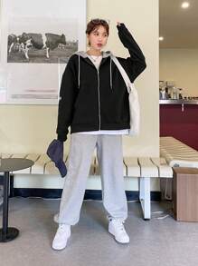DAZY 女式撞色连帽羊毛衫拉链外套 秋冬款 - 黑色 - 查看 7