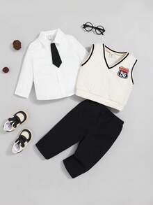 SHEIN Baby Boy Letter Patched Striped Trim Tank Top & Pants & Shirt & Tie - Multicolor - View 2