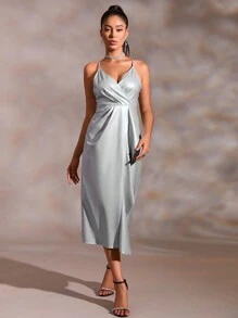 GENKIRA Vestido camisero liso con ribete de volantes - Plateado - Ver 4