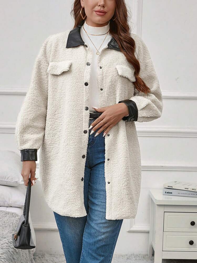 Plus Contrast Trim Drop Shoulder Teddy Coat