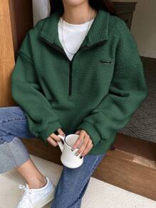 DAZY Letter Patched Half Zip Drop Shoulder Teddy Sweatshirt Fall,Winter - Dark Green - View 1