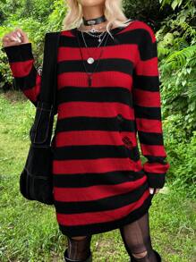 ROMWE PUNK 條紋圖案破洞落肩袖毛衣洋裝 - 紅色 - 查看 1