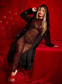 SHEIN SXY Sequin Sheer Longline Hooded Coat - Red - View 5