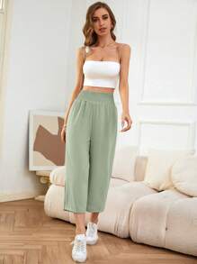SHEIN LUNE Shirred Waist Wide Leg Capri Pants - Green - View 4