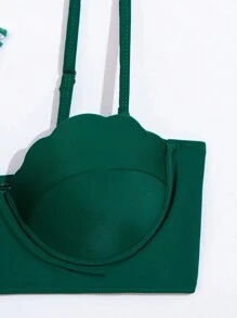 SHEIN Swim 夏季海灘熱帶印花推擠上衣比基尼套裝連和服外套 - 墨綠色 - 查看 7