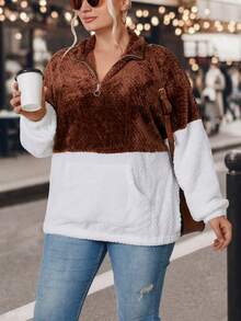 SHEIN LUNE Plus Two Tone Half Zip Teddy Sweatshirt - Multicolor - View 5