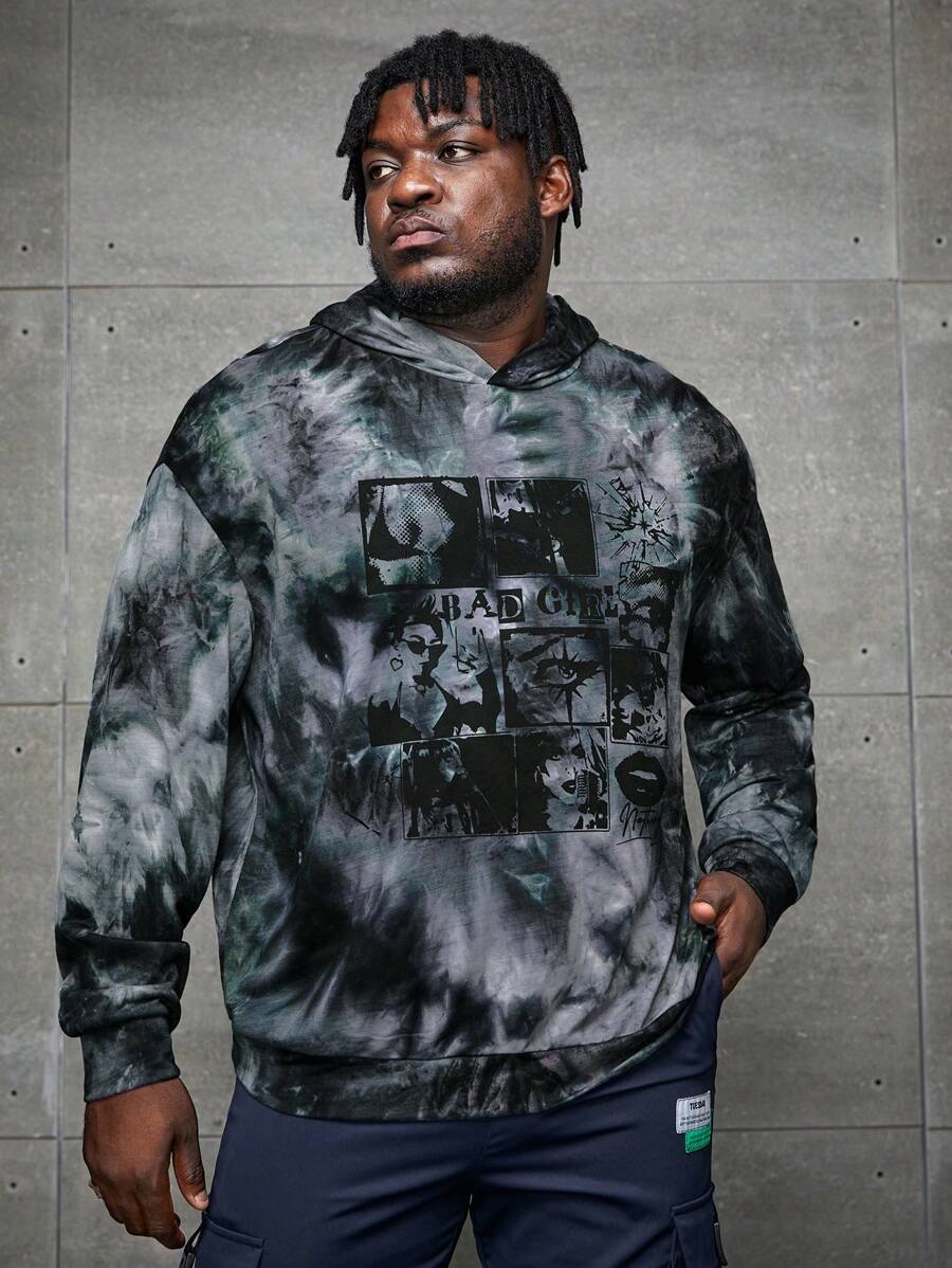 Manfinity VCAY Men Plus Tie Dye Letter Graphic Hooded Sweatshirt, For Fall Winter - Dark Grey - View 1