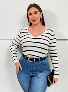 SHEIN Essnce Plus Striped Pattern Sweater - Black and White - View 6