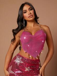 SHEIN SXY 鎖子鏈鑽石細節無背心領連衣裙 - 銀色 - 查看 1