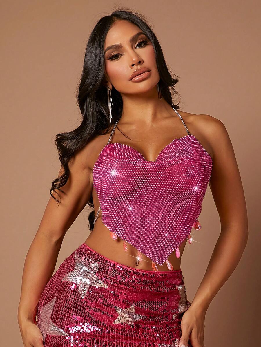 SHEIN SXY 鎖子鏈鑽石細節無背心領連衣裙 - 銀色 - 查看 1