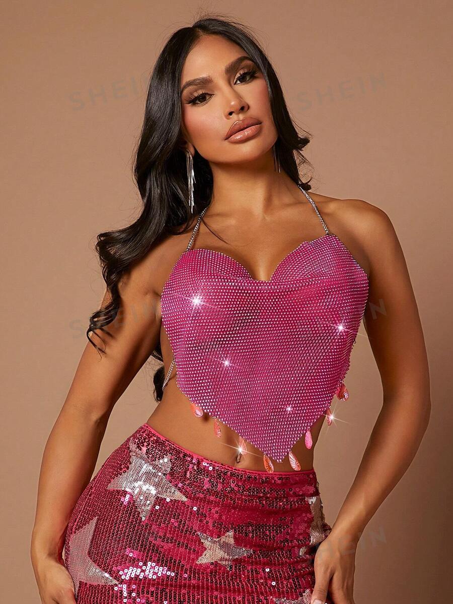 SHEIN SXY Top Sin Espalda Con Detalle En Malla Y Diamantes De Imitación, Cuello Halter Con Caída De Tela - Plateado - Ver 1