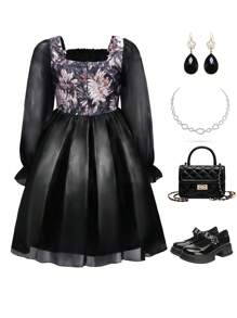 SHEIN Tween Girl Floral Print Square Neck Flounce Sleeve Organza Overlay Dress - Black - View 2