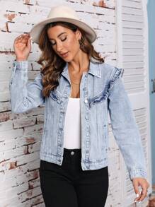 SHEIN LUNE Frill Trim Denim Jacket - Blue - View 4