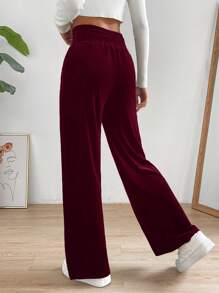 SHEIN Essnce 高腰開衩下擺直筒褲 - 酒紅色 - 查看 2