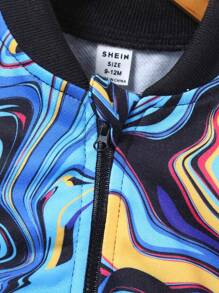 Baby Girl Marble Print Zip Up Bomber Jacket - Blue - View 5