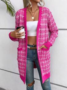 SHEIN LUNE Plaid Pattern Dual Pocket Drop Shoulder Duster Cardigan - Hot Pink - View 6