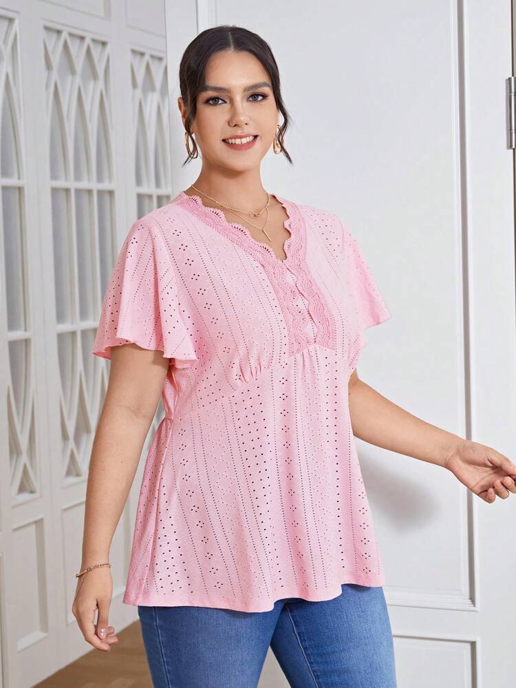 Plus Eyelet Embroidery Contrast Lace Scallop Trim Butterfly Sleeve Peplum Tee